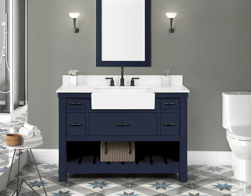 Farmington navy blue 48" Open Shelf Vanity Set with Premium Carrara Marble Top