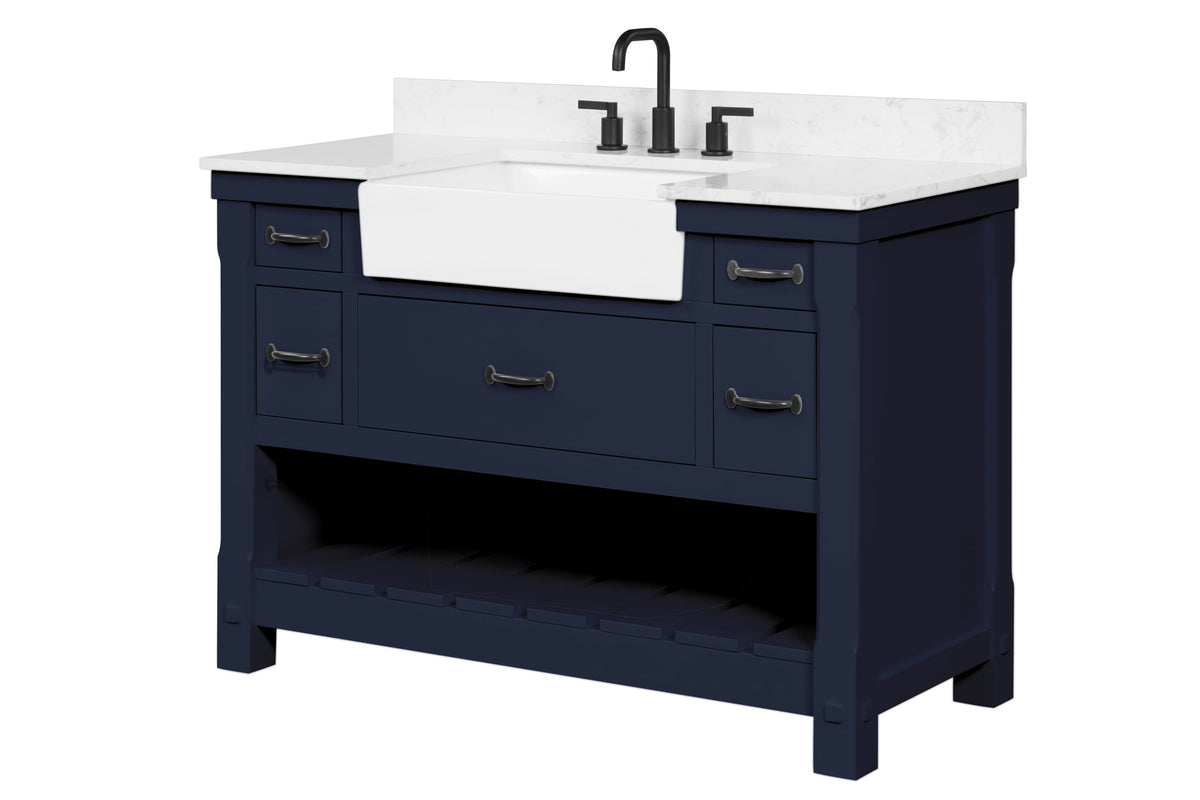 Farmington navy blue 48" Open Shelf Vanity Set with Premium Carrara Marble Top