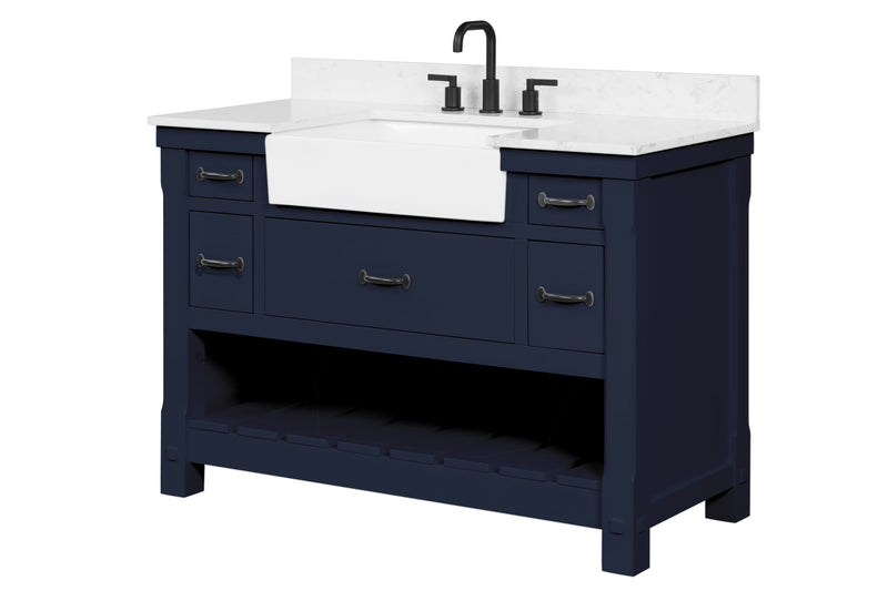 Farmington navy blue 48" Open Shelf Vanity Set with Premium Carrara Marble Top