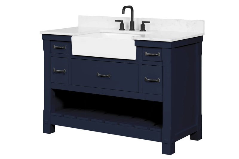 Farmington navy blue 48" Open Shelf Vanity Set with Premium Carrara Marble Top