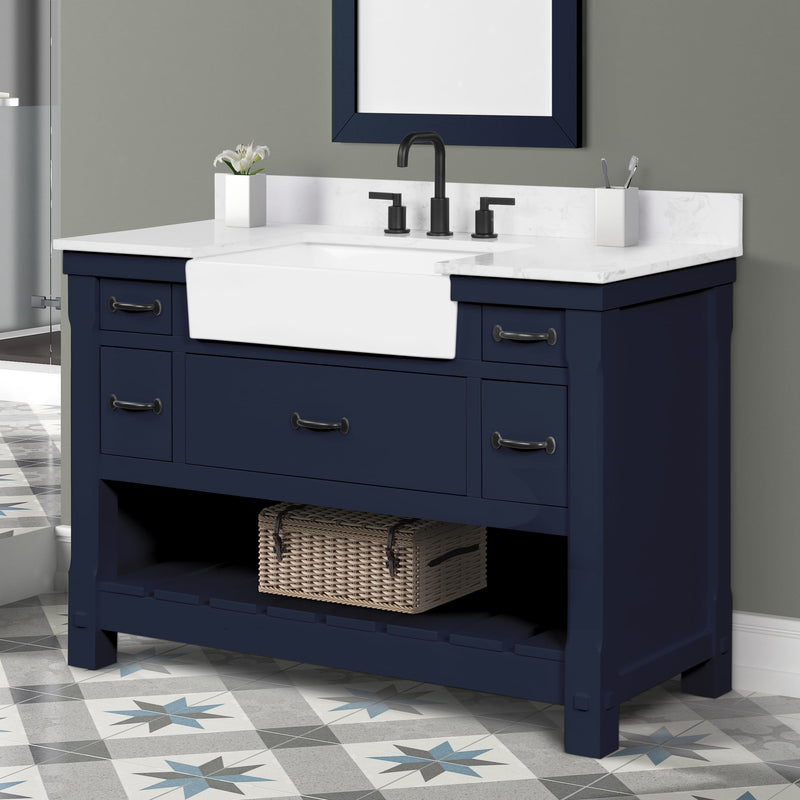 Farmington navy blue 48" Open Shelf Vanity Set with Premium Carrara Marble Top