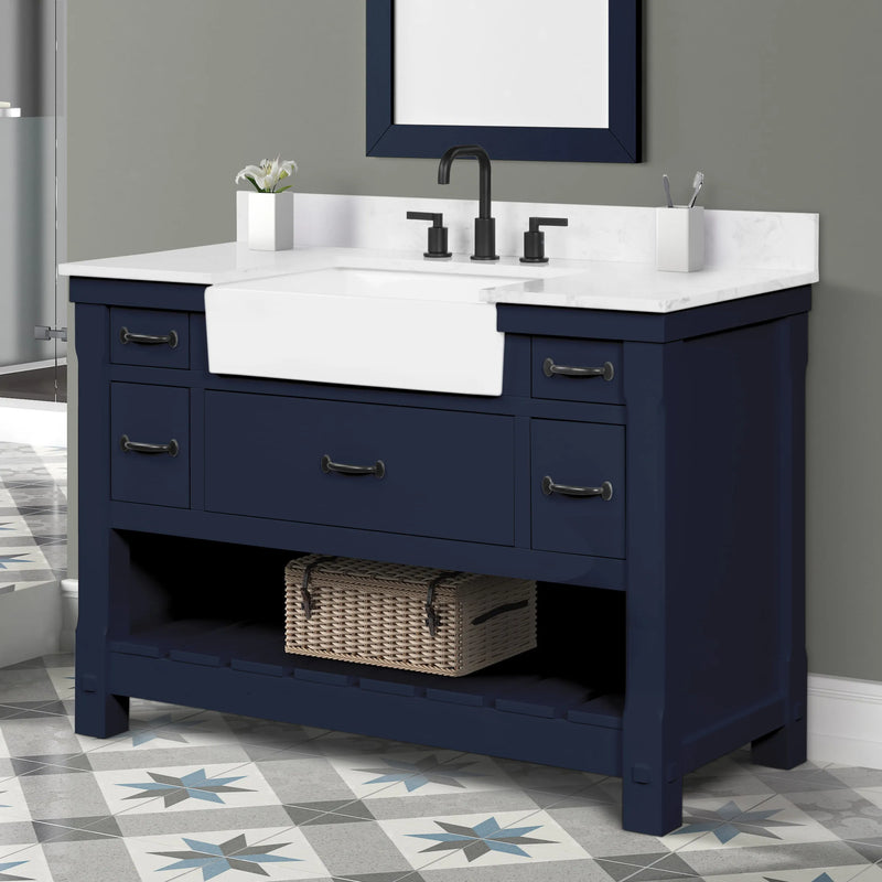 Farmington navy blue 48" Open Shelf Vanity Set with Premium Carrara Marble Top