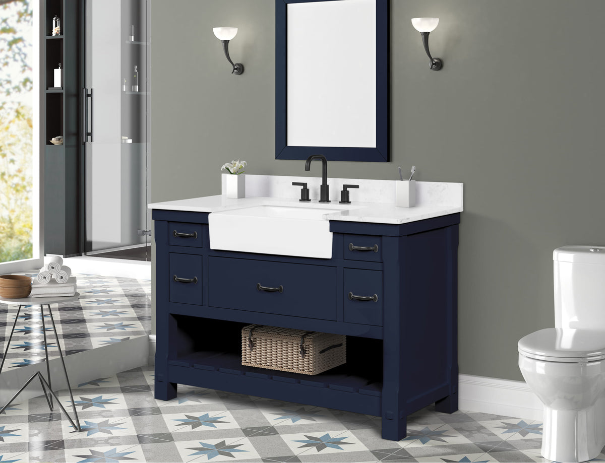 Farmington navy blue 48" Open Shelf Vanity Set with Premium Carrara Marble Top