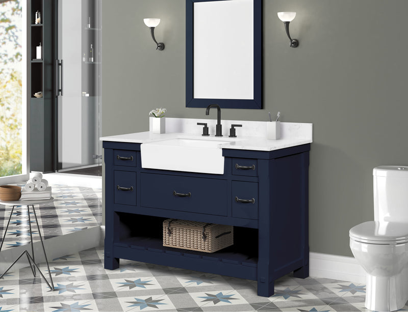 Farmington navy blue 48" Open Shelf Vanity Set with Premium Carrara Marble Top