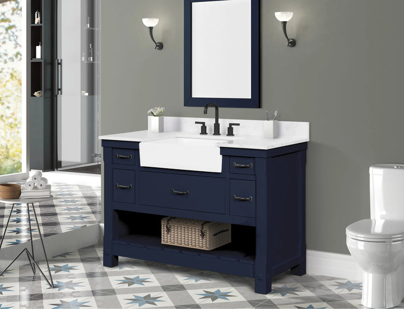 Farmington navy blue 48" Open Shelf Vanity Set with Premium Carrara Marble Top