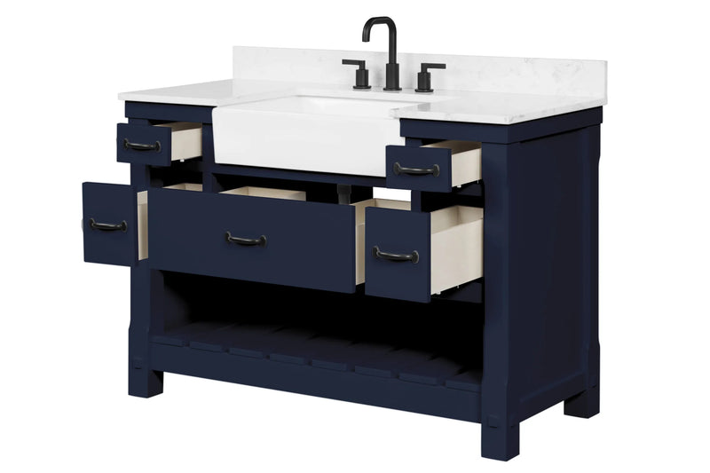 Farmington navy blue 48" Open Shelf Vanity Set with Premium Carrara Marble Top