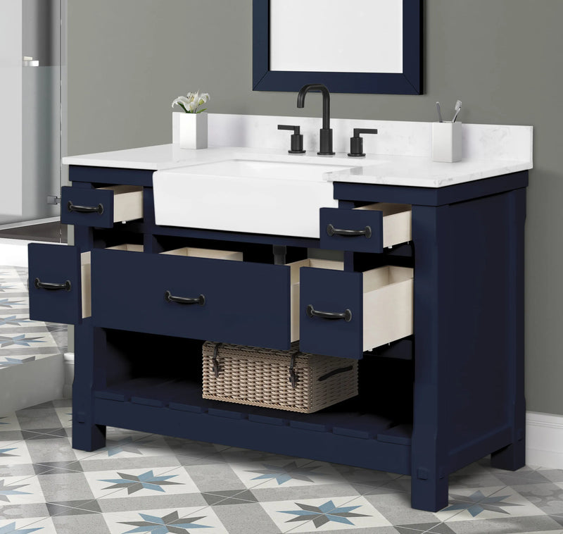 Farmington navy blue 48" Open Shelf Vanity Set with Premium Carrara Marble Top