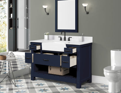 Farmington navy blue 48" Open Shelf Vanity Set with Premium Carrara Marble Top