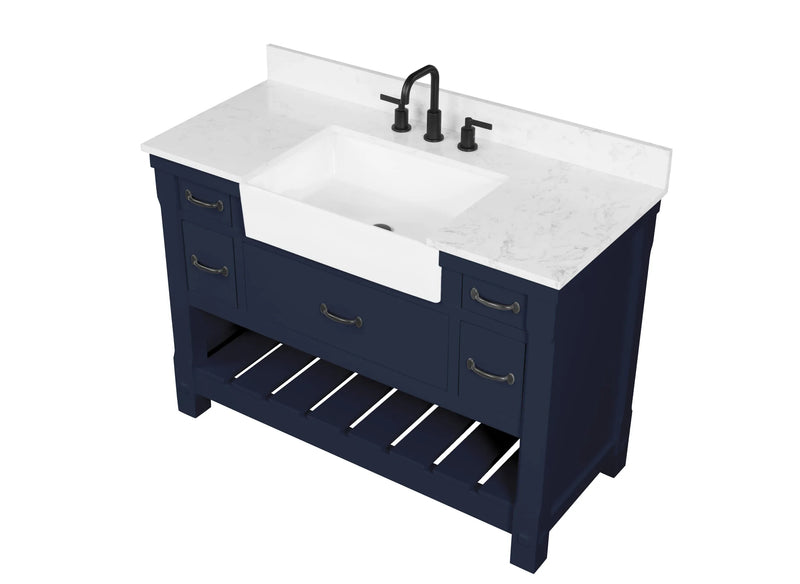 Farmington navy blue 48" Open Shelf Vanity Set with Premium Carrara Marble Top