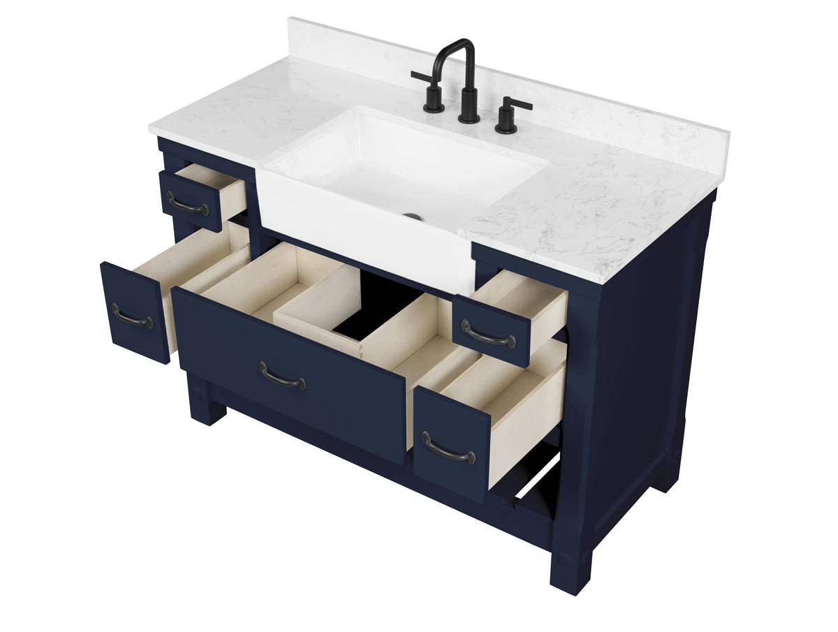 Farmington navy blue 48" Open Shelf Vanity Set with Premium Carrara Marble Top