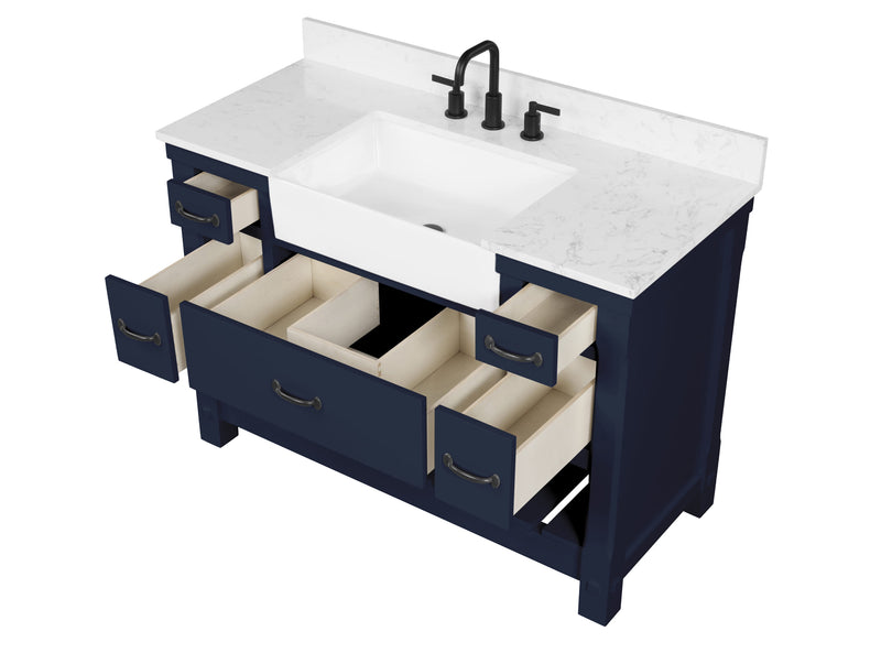 Farmington navy blue 48" Open Shelf Vanity Set with Premium Carrara Marble Top