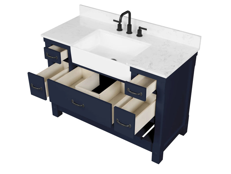 Farmington navy blue 48" Open Shelf Vanity Set with Premium Carrara Marble Top