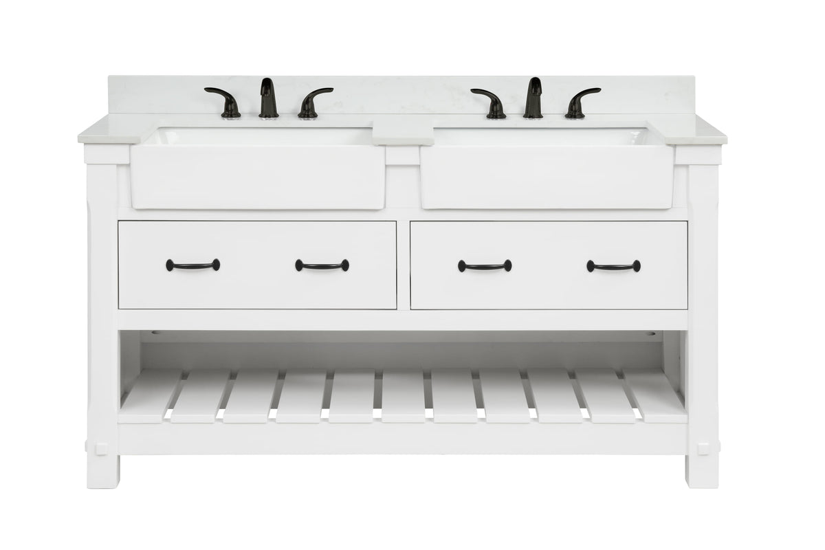 Farmington 60" Open Shelf Vanity Set with Premium Carrara Marble Top