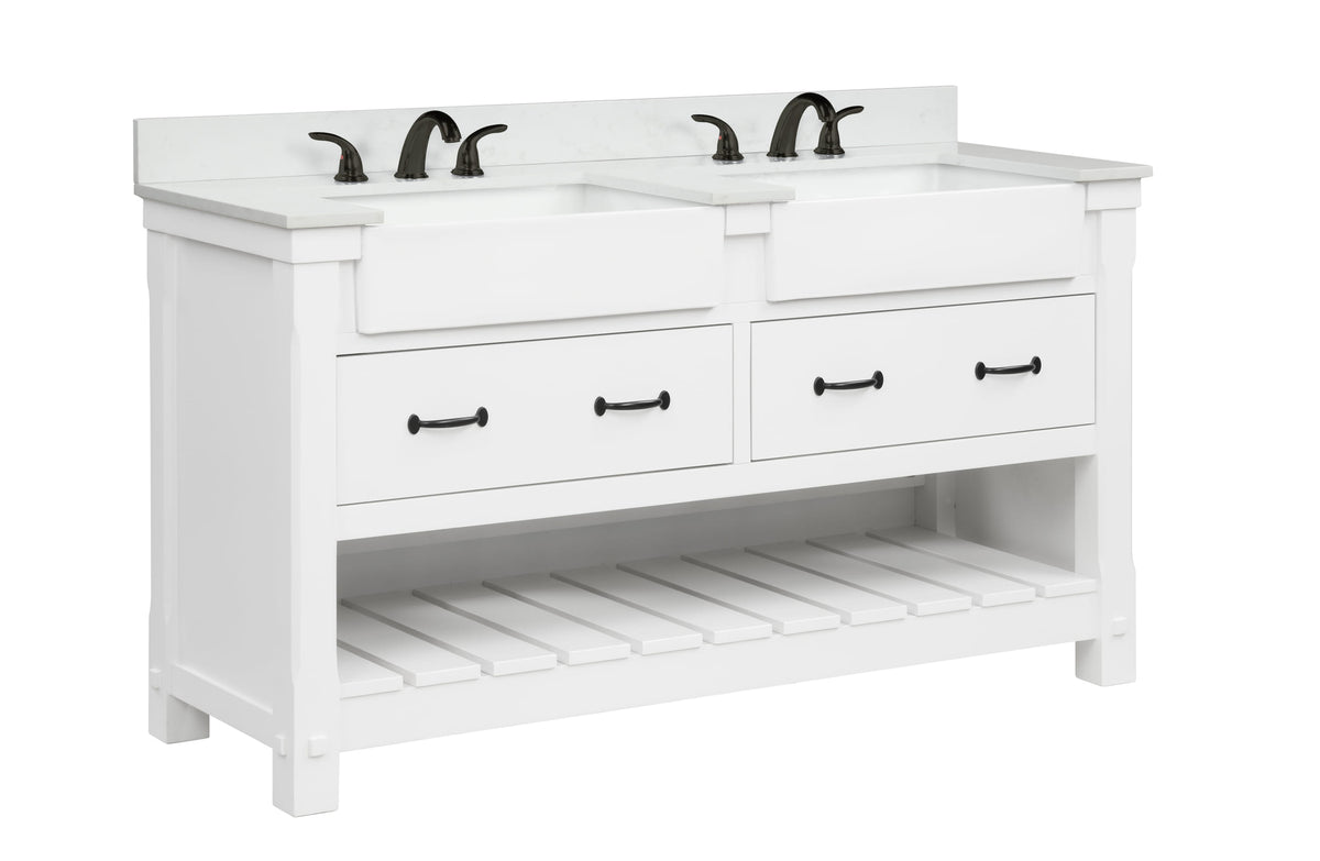 Farmington 60" Open Shelf Vanity Set with Premium Carrara Marble Top