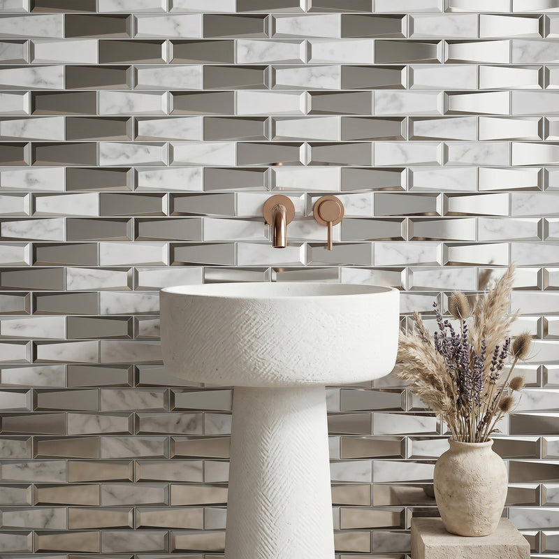 Carrara Marble & 3D Glass Mix 12-in x 12-in Glass Mosaic Wall Tile( 10 sq. ft. /Box )
