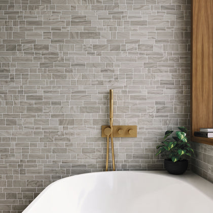 Wooden White Multi-Square 12-in x 12-in Honed Marble Mosaic Wall Tile( 5 sq. ft. /Box )