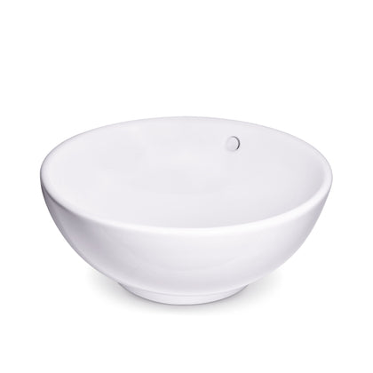 15 inch white ceramic vessel sink in a smooth round design with overflow for modern bathrooms.