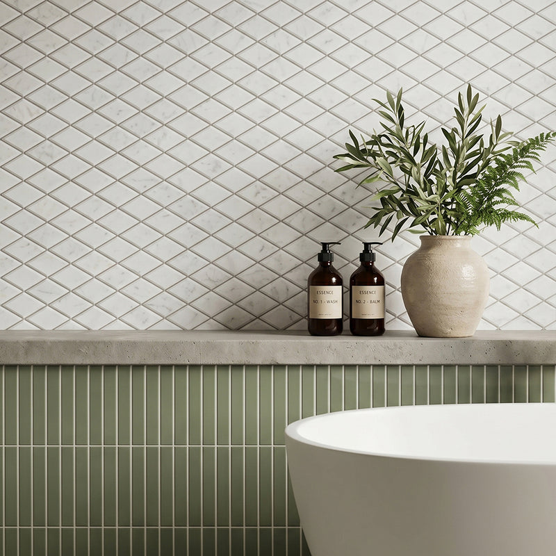 Carrara White Diamond 12-in x 12-in Beveled Marble Mosaic Wall Tile( 5 sq. ft. /Box )