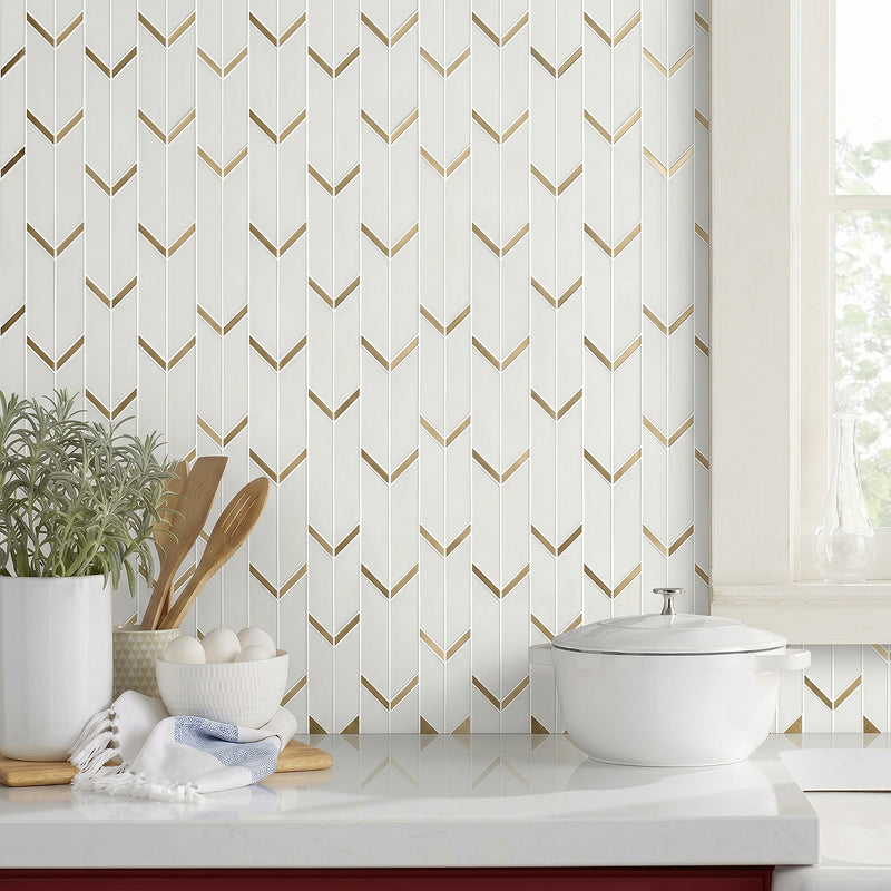 Dolomite White Marble with Arrow Gold Brass Accent 14-in x 12-in Waterjet Mosaic Wall Tile( 5 sq. ft. /Box )