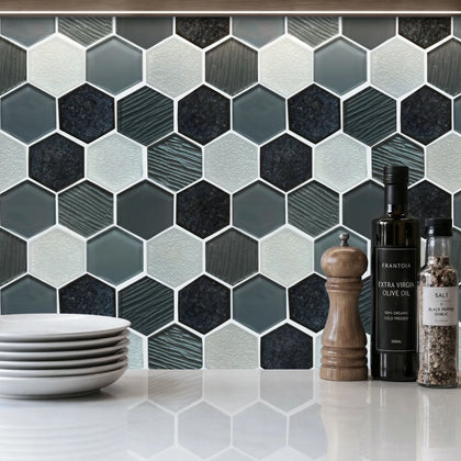 12-in x 11-in Palladian Gray Hex Glass & Porcelain Mosaic Wall Tile( 8.3 sq. ft. /Box )
