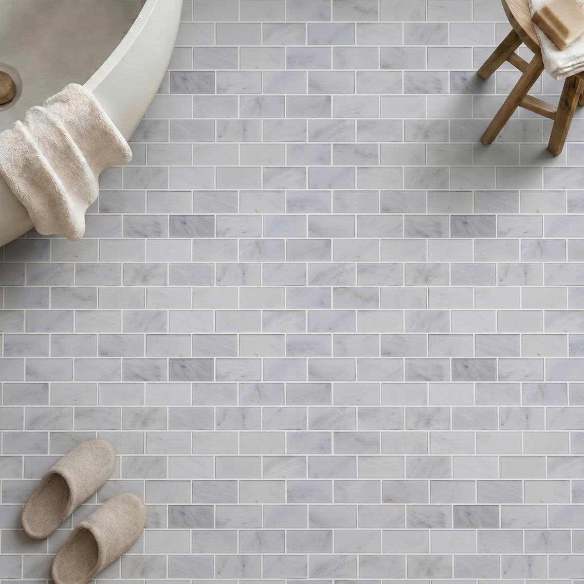 Bevel Brick Oriental White 12-in x 12-in Polished Marble Mosaic Wall Tile( 5 sq. ft. /Box )