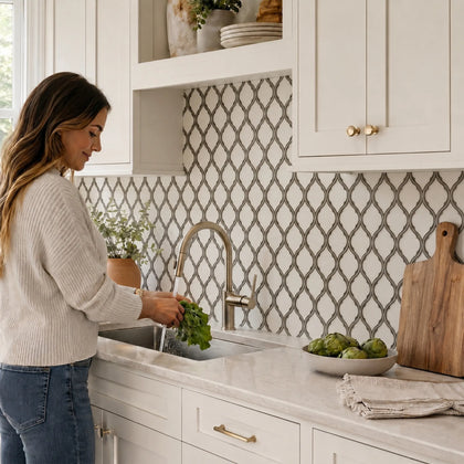 Feathered Lantern Pattern with Silver Trim 12-in x 10-in Glass Mosaic Wall Tile( 8.3 sq. ft. /Box )
