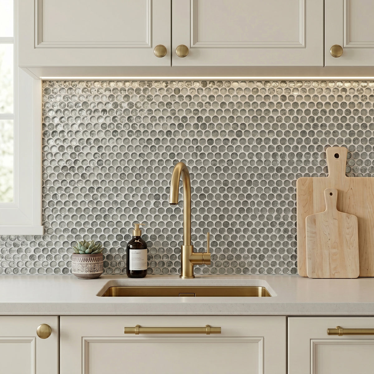 Blue & Gray Textured Penny Round 12-in x 12-in Glass Mosaic Wall Tile( 10 sq. ft. /Box )