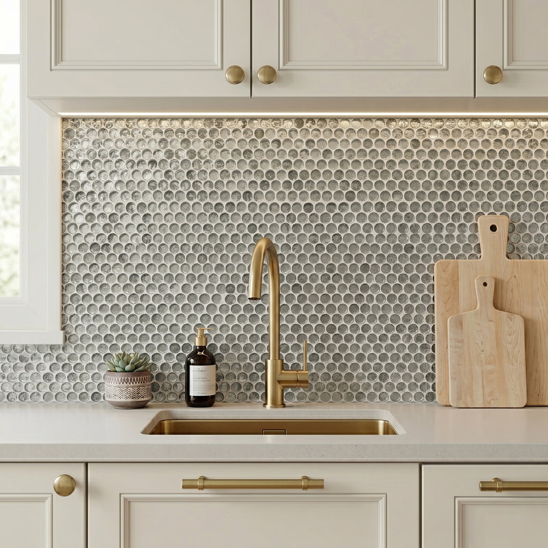 Blue & Gray Textured Penny Round 12-in x 12-in Glass Mosaic Wall Tile( 10 sq. ft. /Box )