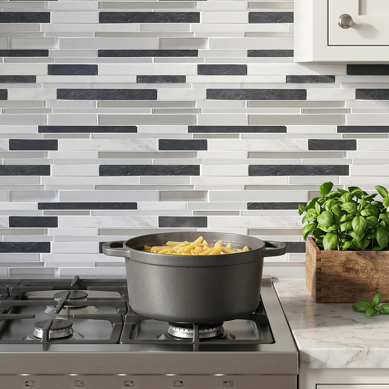 Iron Staircase Marble Slate & Glass Random Strips 12-in x 12-in Glass Mosaic Wall Tile( 10 sq. ft. /Box )