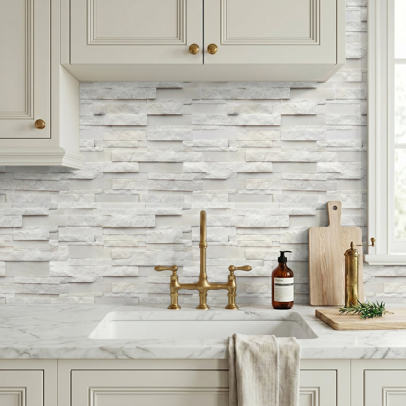 White Split Faced Random Strip Slate Quartzite Natural Finished Mixed with 12-in x 12-in Honed Mosaic Floor and Wall Tile( 5 sq. ft. /Box )