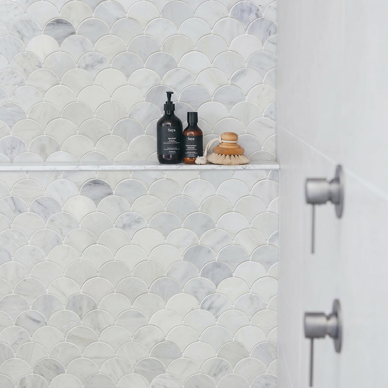12-in x 12-in Polished Oriental White Shell Marble Mosaic Wall Tile( 5 sq. ft. /Box )