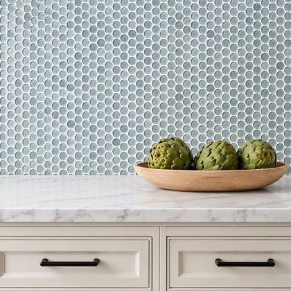 Inkjet Blue 11-in x 11-in Glass Penny Mosaic Wall Tile( 8.3 sq. ft. /Box )