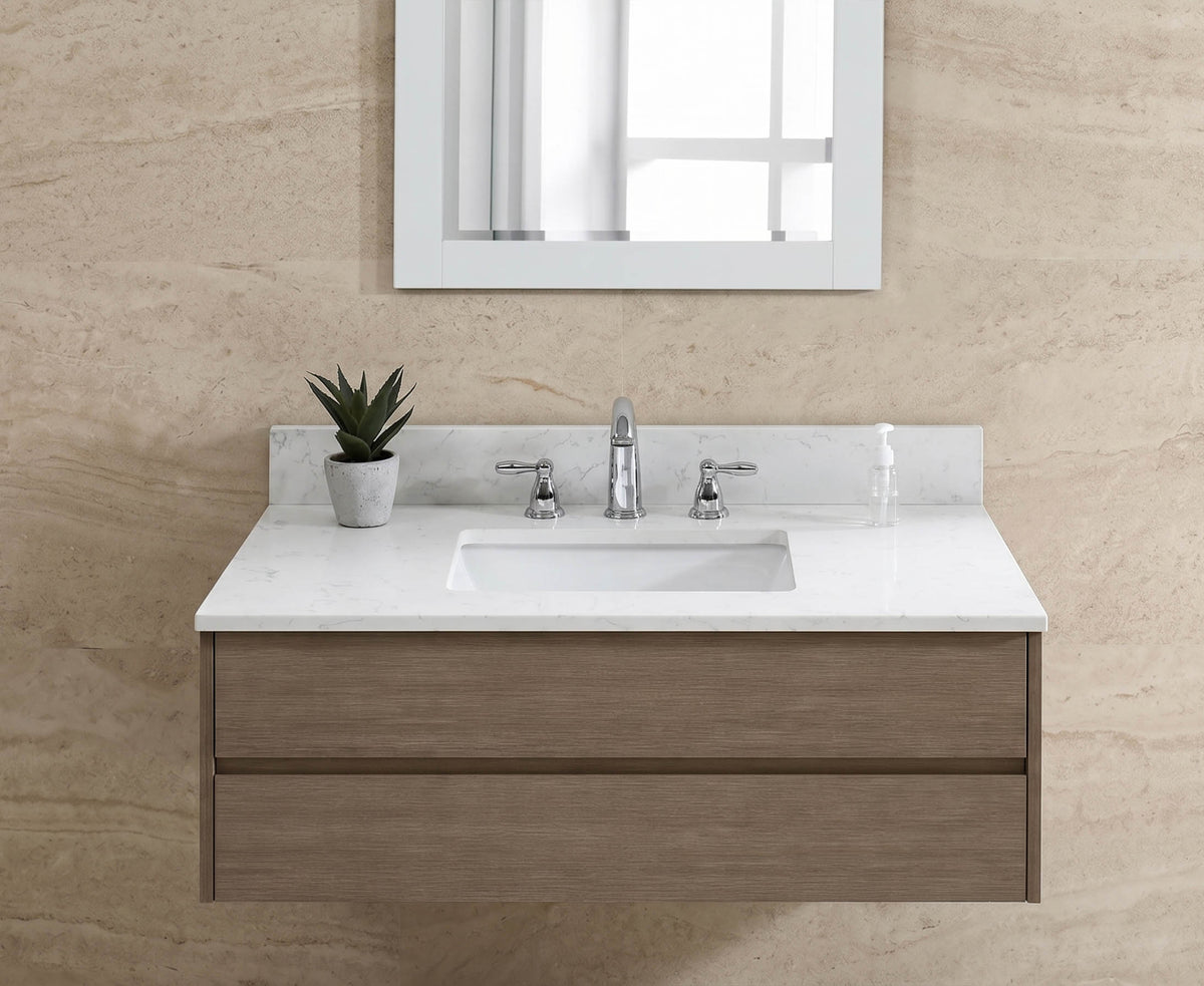 31-inch Carrara White Quartz vanity top with undermount ceramic sink and matching backsplash installed on a floating dark wood bathroom vanity.