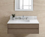 31-inch Carrara White Quartz vanity top with undermount ceramic sink and matching backsplash installed on a floating dark wood bathroom vanity.