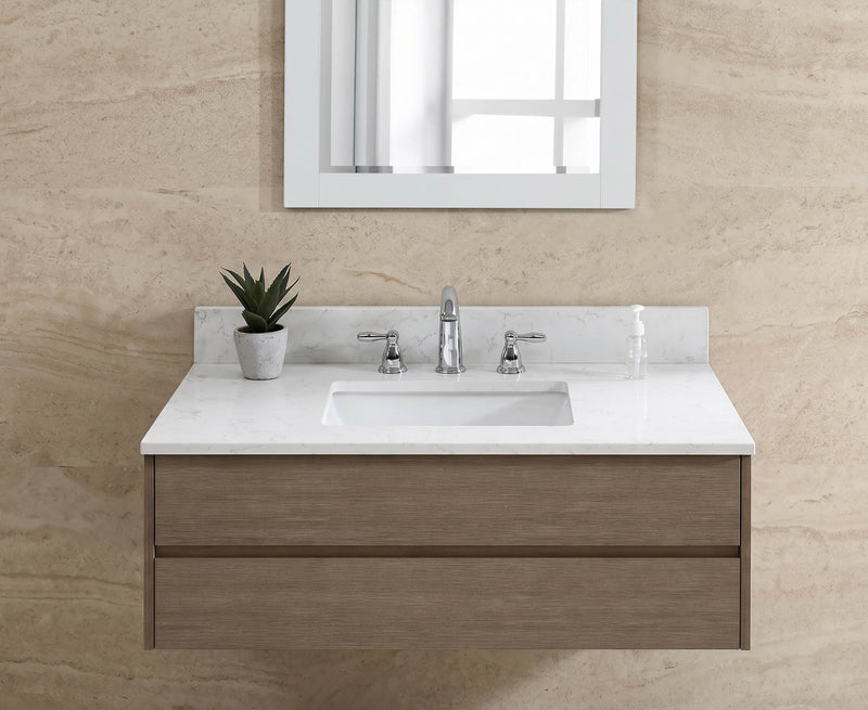 31-inch Carrara White Quartz vanity top with undermount ceramic sink and matching backsplash installed on a floating dark wood bathroom vanity.