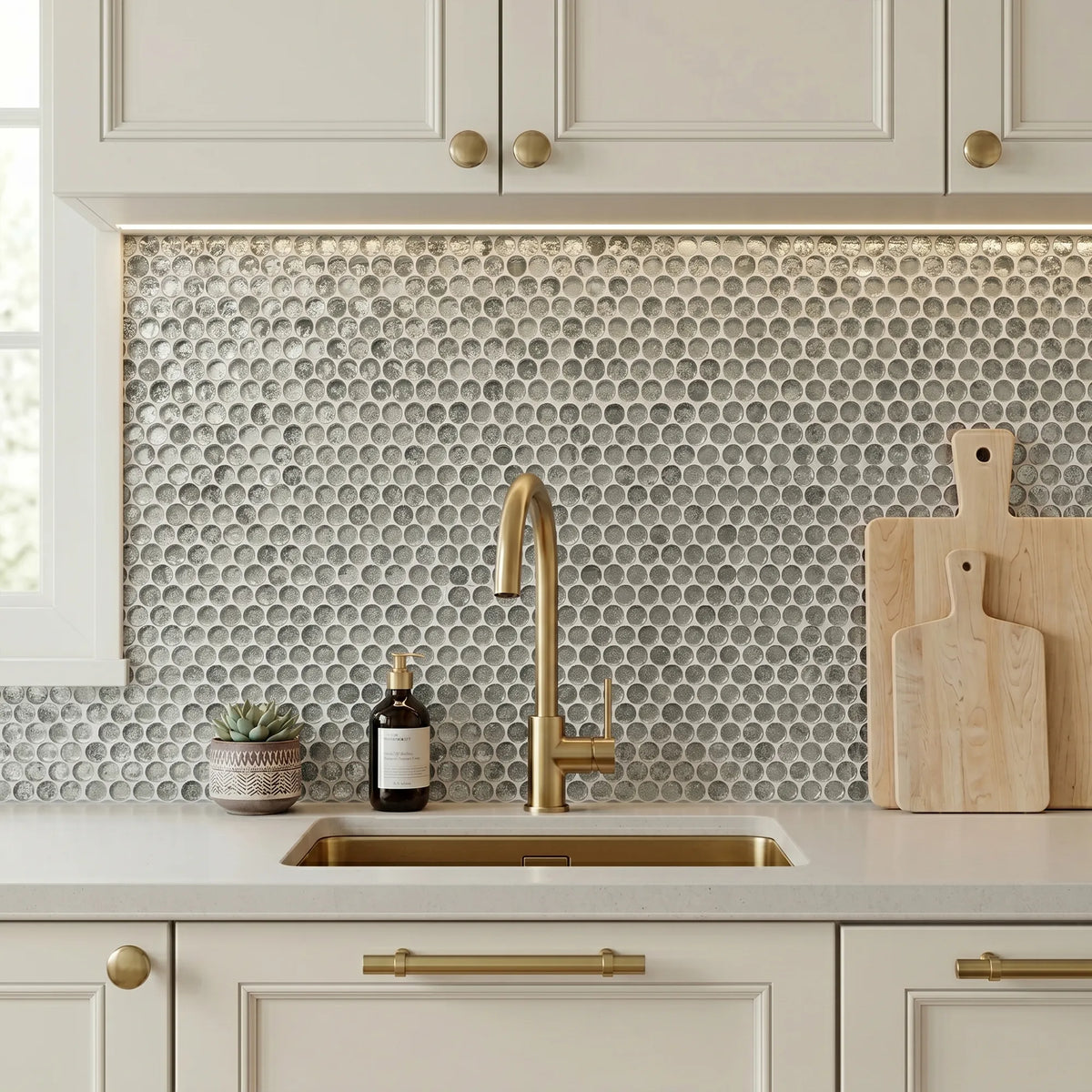 Blue & Gray Textured Penny Round 12-in x 12-in Glass Mosaic Wall Tile ( 10 sq. ft. /Box )
