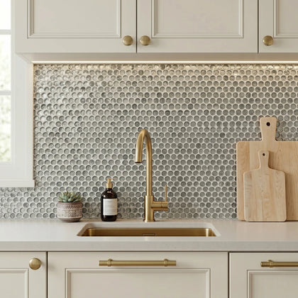 Blue & Gray Textured Penny Round 12-in x 12-in Glass Mosaic Wall Tile ( 10 sq. ft. /Box )