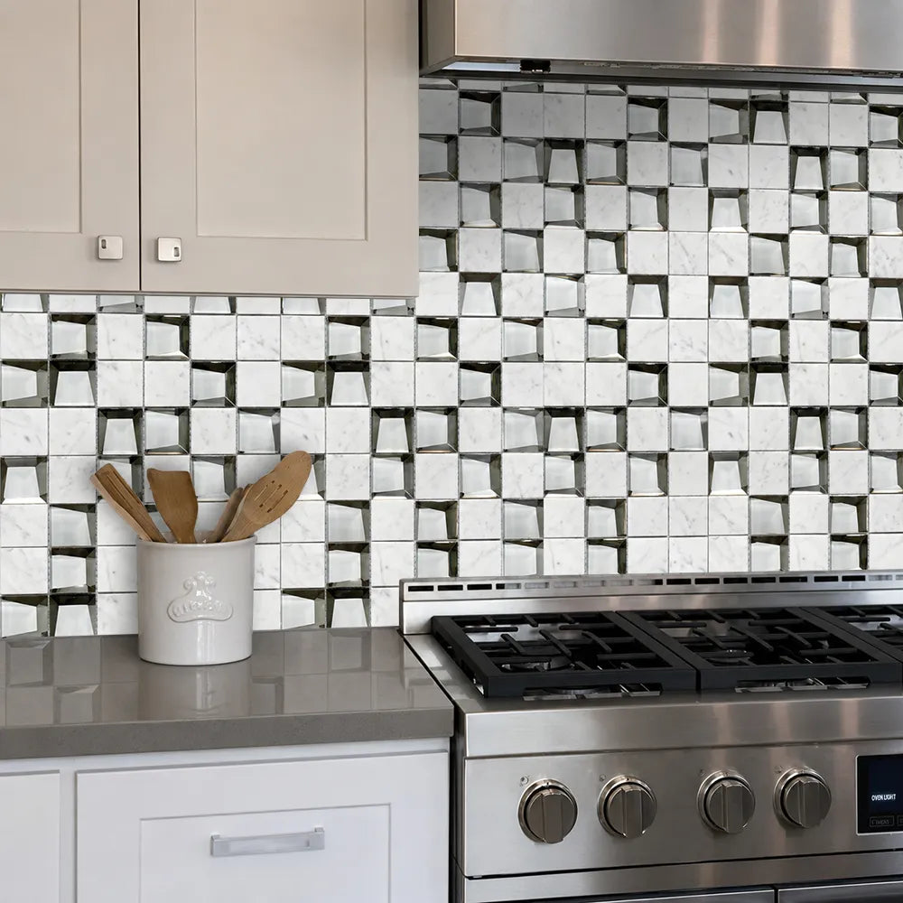 12-in x 12-in Carrara & 3D Glass Mix Glass with Marble Mosaic Wall Tile( 10 sq. ft. /Box )