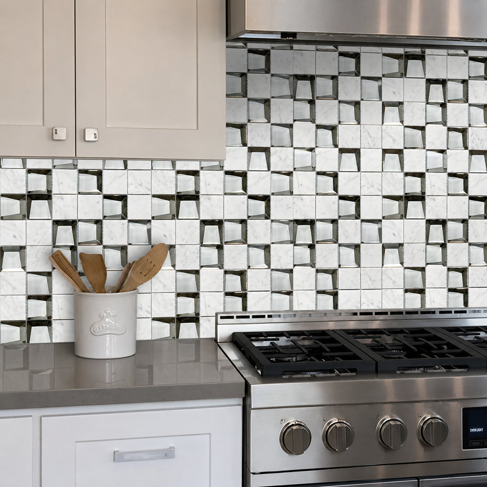 12-in x 12-in Carrara & 3D Glass Mix Glass with Marble Mosaic Wall Tile( 10 sq. ft. /Box )