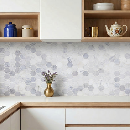 2-in Oriental White Hexagon 12-in x 12-in Polished Marble Mosaic Floor and Wall Tile( 5 sq. ft. /Box )