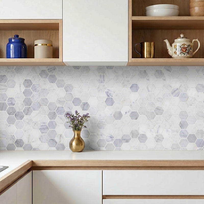 2-in Oriental White Hexagon 12-in x 12-in Polished Marble Mosaic Floor and Wall Tile( 5 sq. ft. /Box )