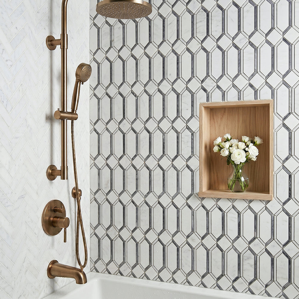 15-in x 12-in Elongated Hexagon Diamond White & Gray  Marble Mosaic  Wall Tile( 6.25 sq. ft. /Box )