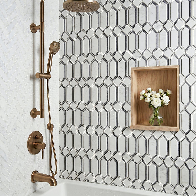 15-in x 12-in Elongated Hexagon Diamond White & Gray  Marble Mosaic  Wall Tile( 6.25 sq. ft. /Box )