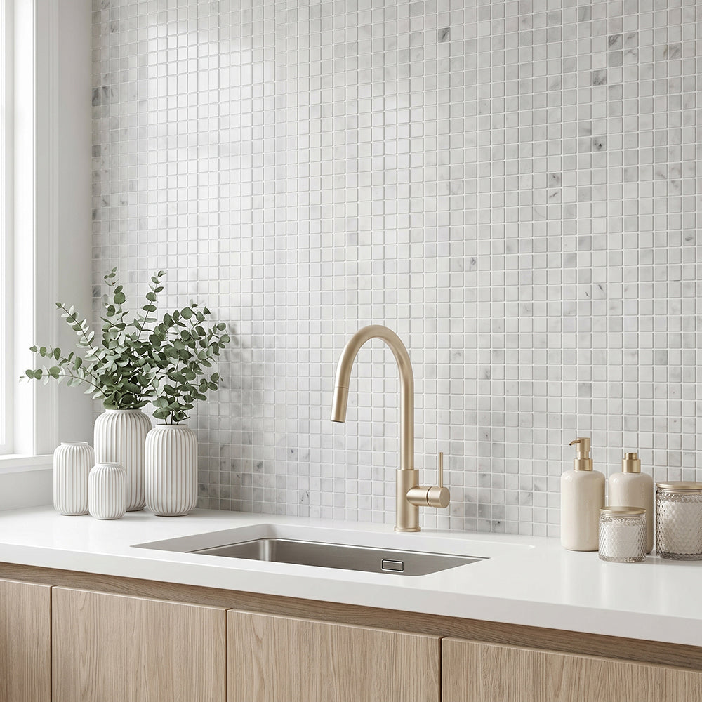 Oriental White 12-in x 12-in Polished Marble Mosaic Floor and Wall Tile( 5 sq. ft. /Box )