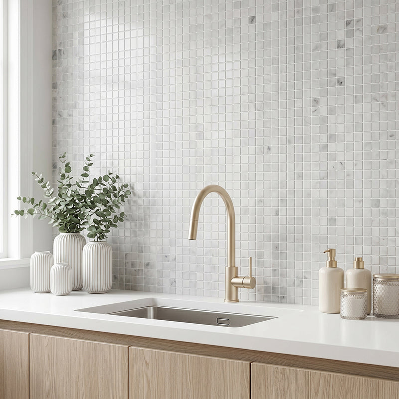 Oriental White 12-in x 12-in Polished Marble Mosaic Floor and Wall Tile( 5 sq. ft. /Box )