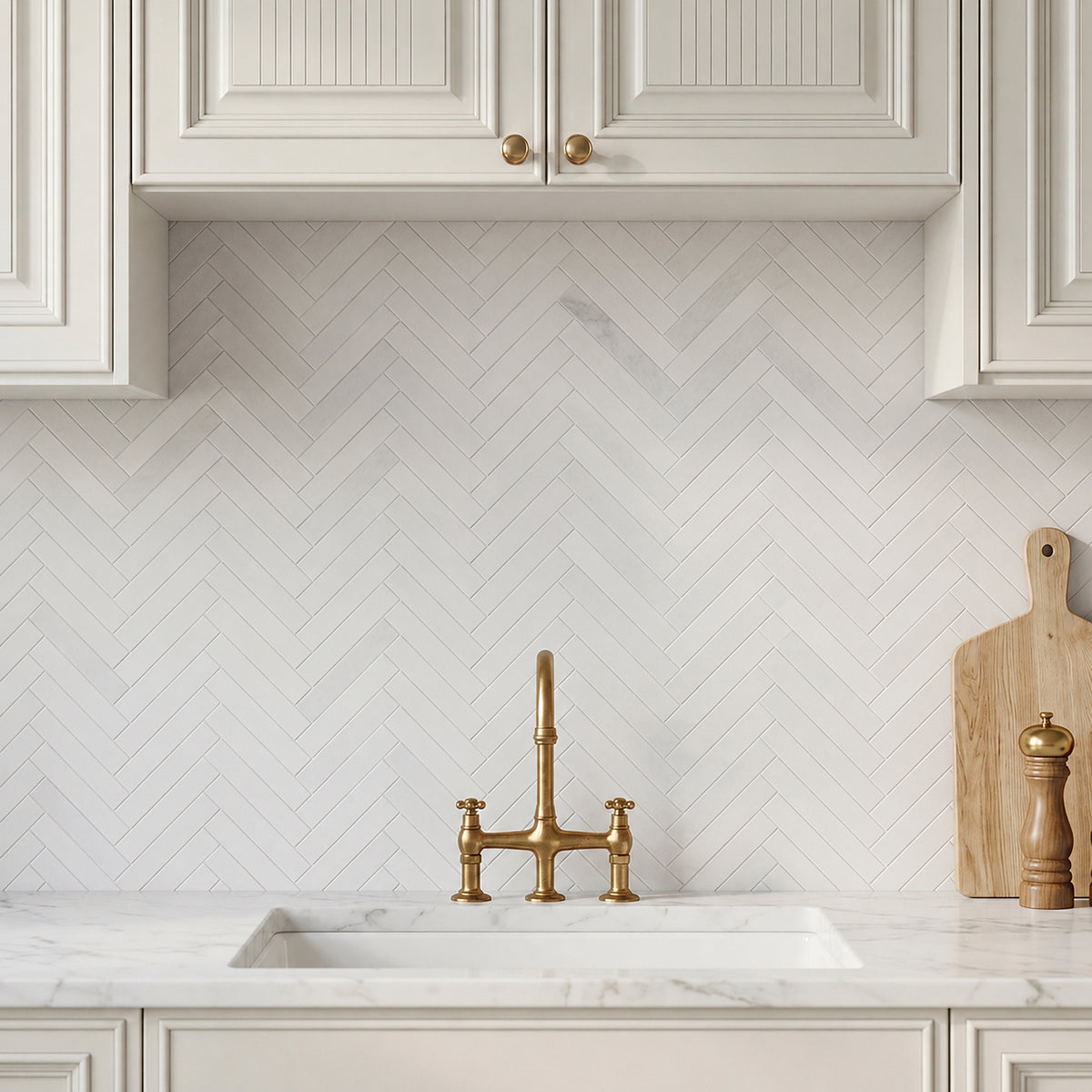 Oriental White 17-in x 10-in Polished Herringbone Marble Mosaic Floor and Wall Tile( 5.67 sq. ft. /Box )