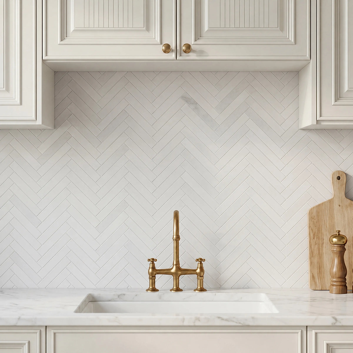 Oriental White 17-in x 10-in Polished Herringbone Marble Mosaic Floor and Wall Tile( 5.9 sq. ft. /Box )
