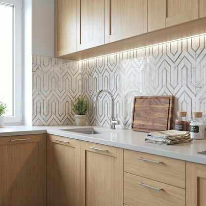Arrows-Carrara White with Antique Mirror Accents 12-in x 9-in Polished Waterjet Mosaic Floor and Wall Tile( 3.55 sq. ft. /Box )