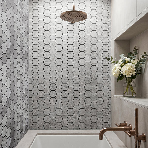 2-in Wooden White Hexagon 12-in x 12-in Honed Marble Mosaic Wall Tile( 5 sq. ft. /Box )