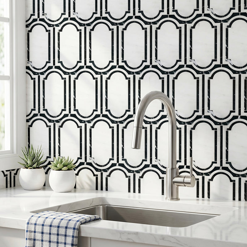 Windows Pattern Oriental Black & White 12-in x 12-in Waterjet Mosaic Floor and Wall Tile( 6 sq. ft. /Box )